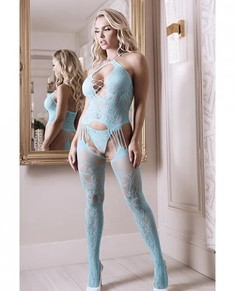 Fantasy Lingerie Sheer Fantasy Halter Neck Floral Lace Gartered Bodystocking Panty Light Blue OS Vibrators