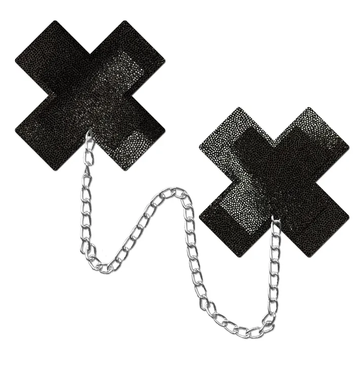 Anal PASTEASE Pastease Chains Liquid Black X Cross W Chunky Silver Chain Nipple Pasties