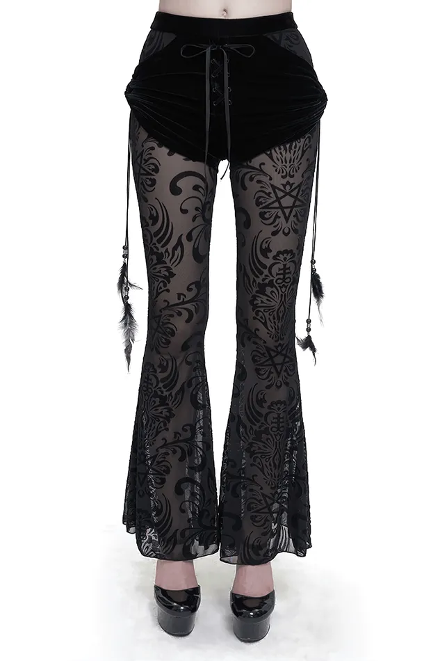 Gothic Black Mesh Splice Flared Pants with Feather Pendant EVEs SECRETS Anal