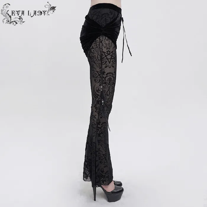 Gothic Black Mesh Splice Flared Pants with Feather Pendant EVEs SECRETS Anal