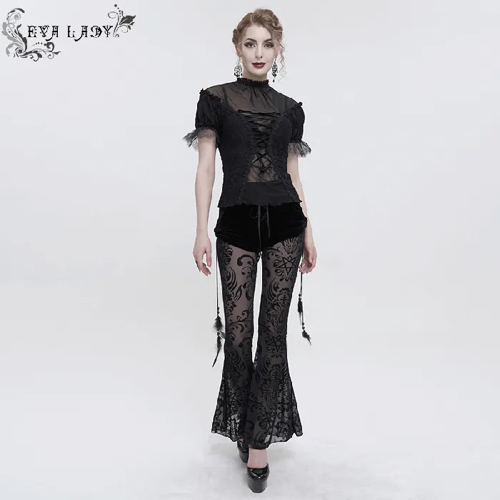 Gothic Black Mesh Splice Flared Pants with Feather Pendant EVEs SECRETS Anal