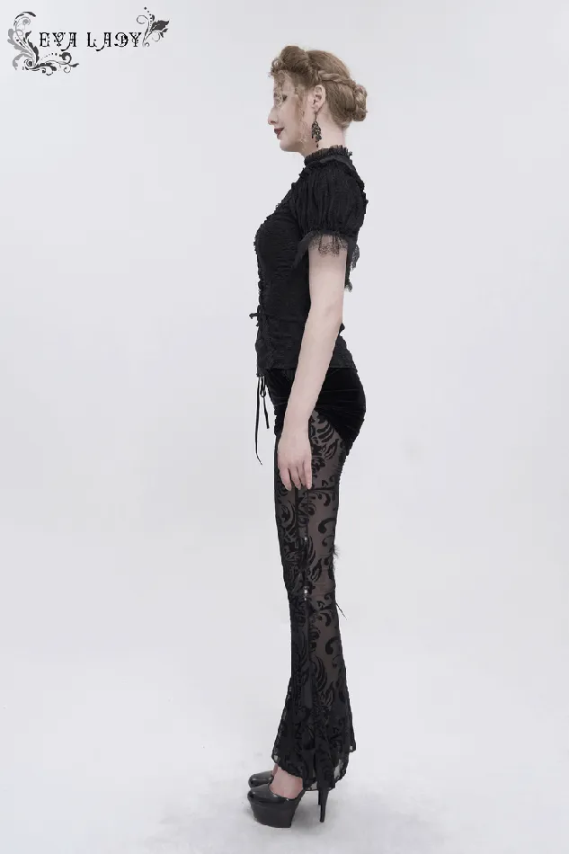 Gothic Black Mesh Splice Flared Pants with Feather Pendant EVEs SECRETS Anal