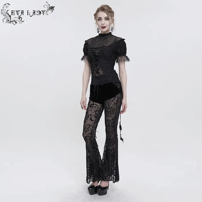 Gothic Black Mesh Splice Flared Pants with Feather Pendant EVEs SECRETS Anal