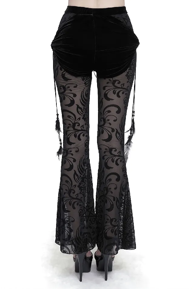 Gothic Black Mesh Splice Flared Pants with Feather Pendant EVEs SECRETS Anal