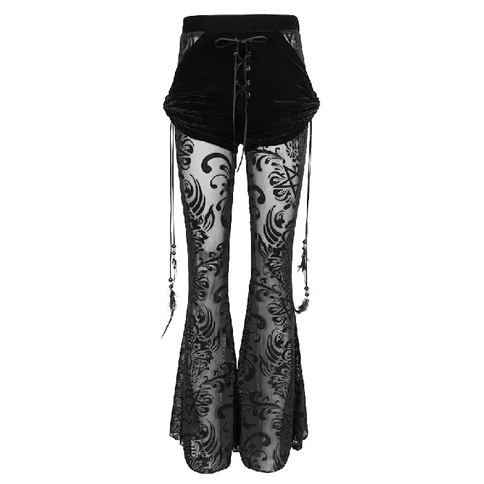 Gothic Black Mesh Splice Flared Pants with Feather Pendant EVEs SECRETS Anal
