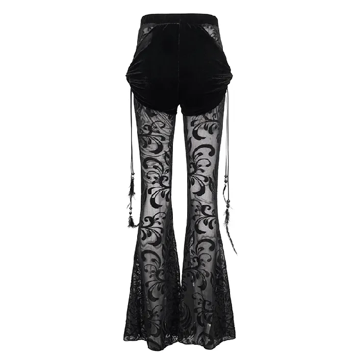 Gothic Black Mesh Splice Flared Pants with Feather Pendant EVEs SECRETS Anal