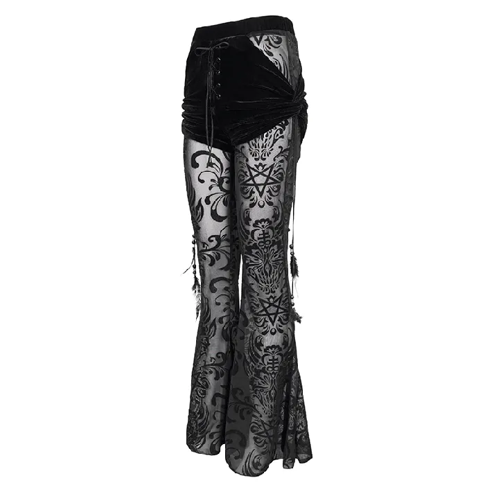 Gothic Black Mesh Splice Flared Pants with Feather Pendant EVEs SECRETS Anal