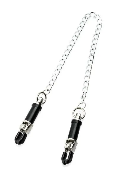 Male Sex Toys Scandals Adult Store Adjustable Barrel Nipple Clamps with Chain Stainless Steel and Rubber Coated Tips