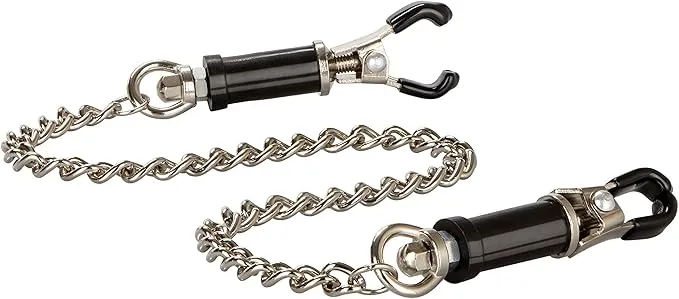 Male Sex Toys Scandals Adult Store Adjustable Barrel Nipple Clamps with Chain Stainless Steel and Rubber Coated Tips