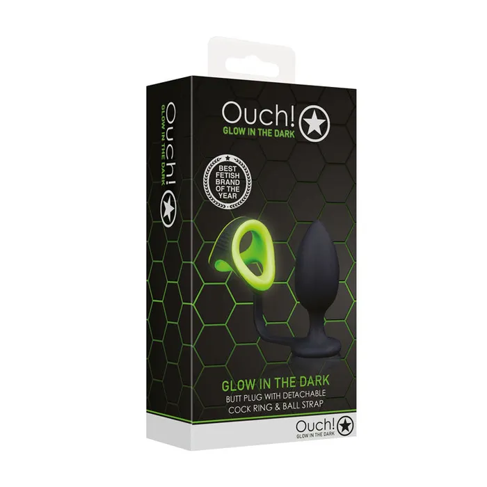 OUCH GLOW IN THE DARK BUTT PLUG WITH COCK RING AND BALL STRAP SHOTS Male Sex Toys OUCH GLOW IN THE DARK BUTT PLUG WITH COCK RING AND BALL STRAP SHOTS Male Sex Toys