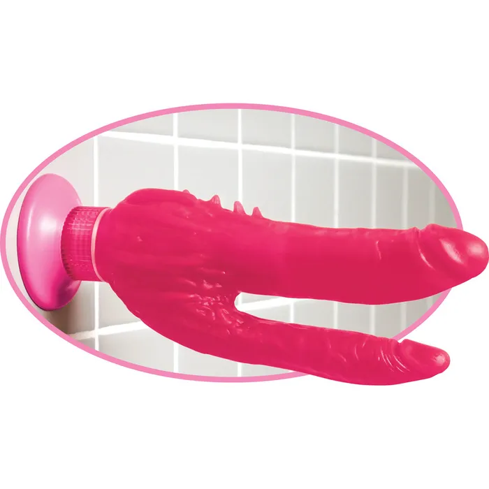 Pipedream Wall Banger Waterproof Double Penetrator Vibrator with Suction Cup 9 inch Pink Pipedream Female Sex Toys