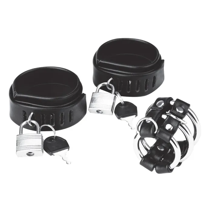 Blue Line Locking Ball Stretcher Cock Ring and 3 Ring Cock Cage Blueline Male Sex Toys