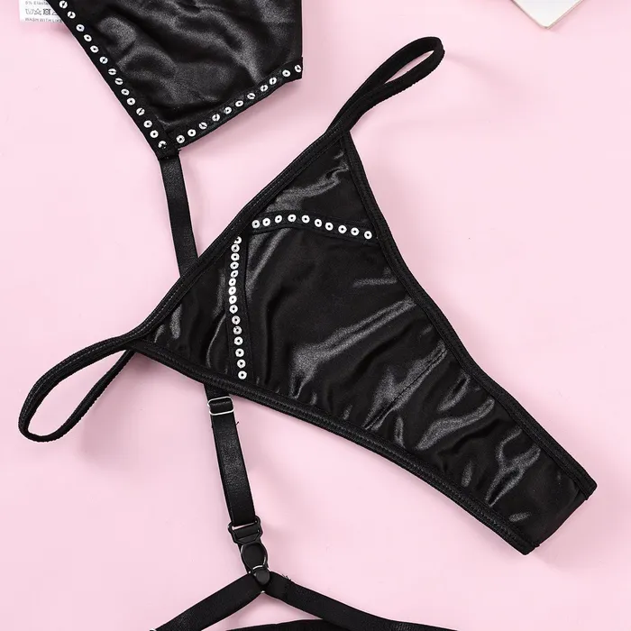 FRISKY BUSINESS SG Anal Bra Set 3 Pcs Black Shining Lingerie Set with Garter