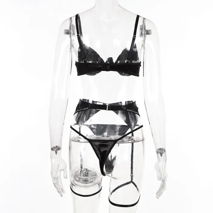 FRISKY BUSINESS SG Anal Bra Set 3 Pcs Black Shining Lingerie Set with Garter