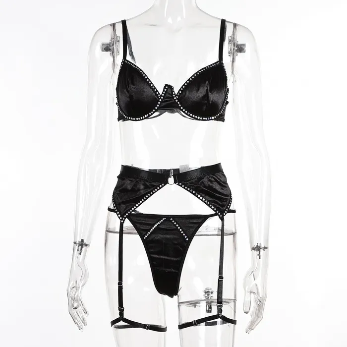 FRISKY BUSINESS SG Anal Bra Set 3 Pcs Black Shining Lingerie Set with Garter