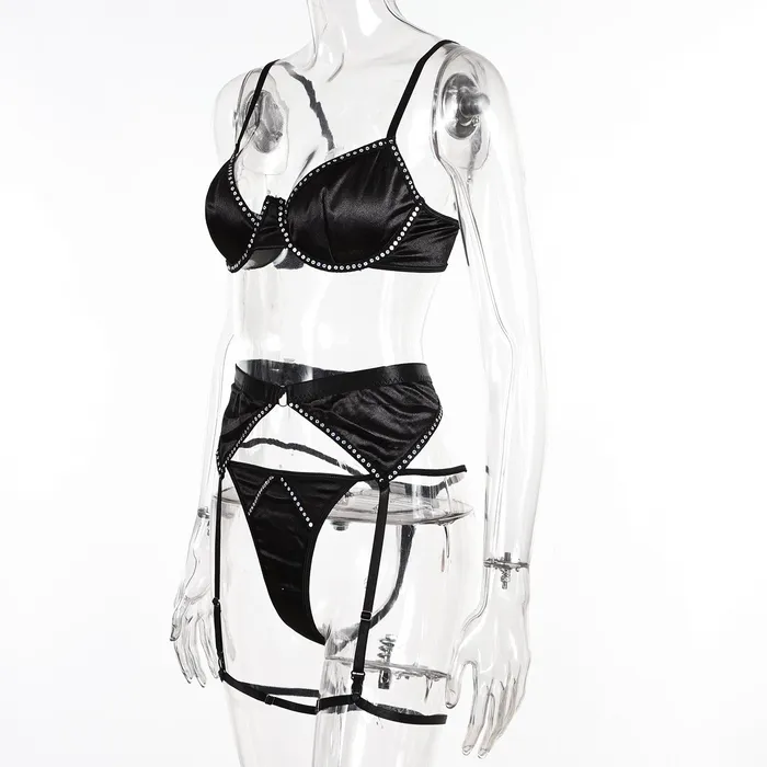 FRISKY BUSINESS SG Anal Bra Set 3 Pcs Black Shining Lingerie Set with Garter
