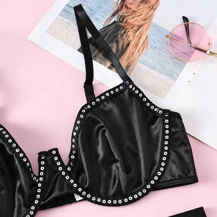 FRISKY BUSINESS SG Anal Bra Set 3 Pcs Black Shining Lingerie Set with Garter