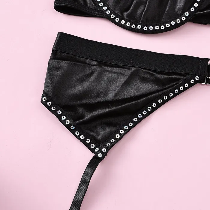 FRISKY BUSINESS SG Anal Bra Set 3 Pcs Black Shining Lingerie Set with Garter