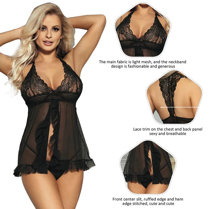 Hosiery Babydoll 2 Pcs Sheer Mesh Halter Lingerie FRISKY BUSINESS SG