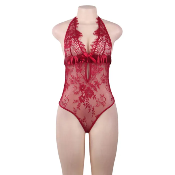 Teddy 1 Pc Red Deep V Backless Exquisite Lace Sleepwear FRISKY BUSINESS SG Anal