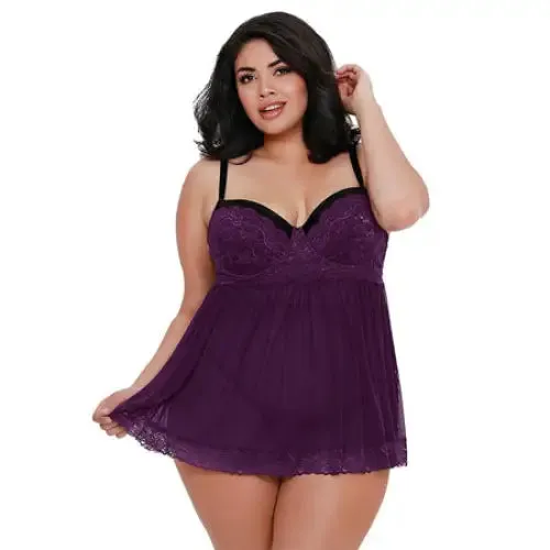 Dreamgirl International Dreamgirl Stretch Mesh and Lace Babydoll Plum Queen 3X Hanging Vibrators