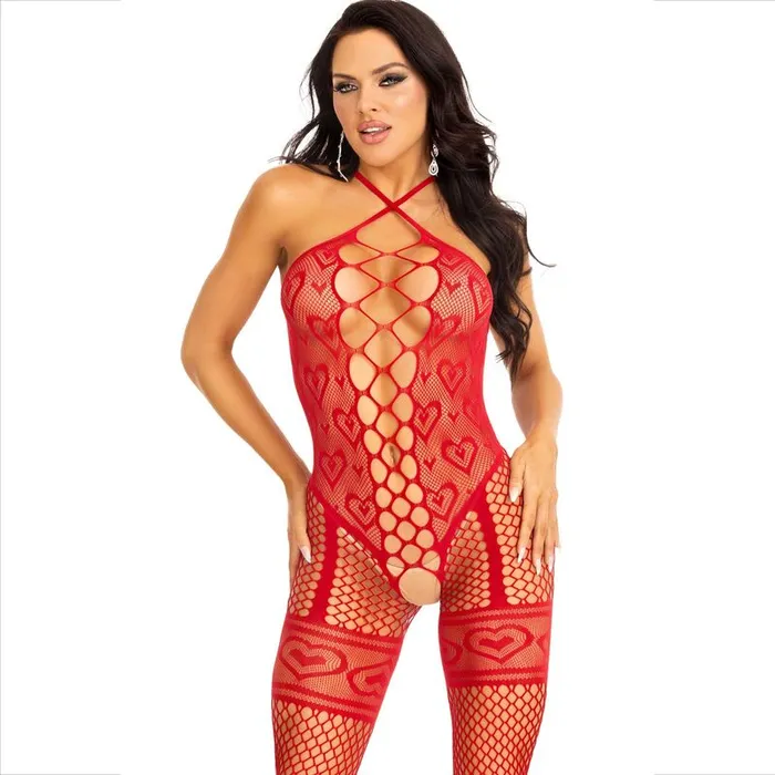 Leg Avenue Vibrators LEG AVENUE BODYSTOCKING NECK HALTER RED HEARTS RED