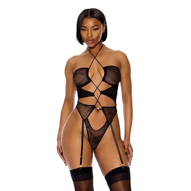 Pull My Strings Sheer Mesh Halterneck Teddy Black Forplay INC Anal