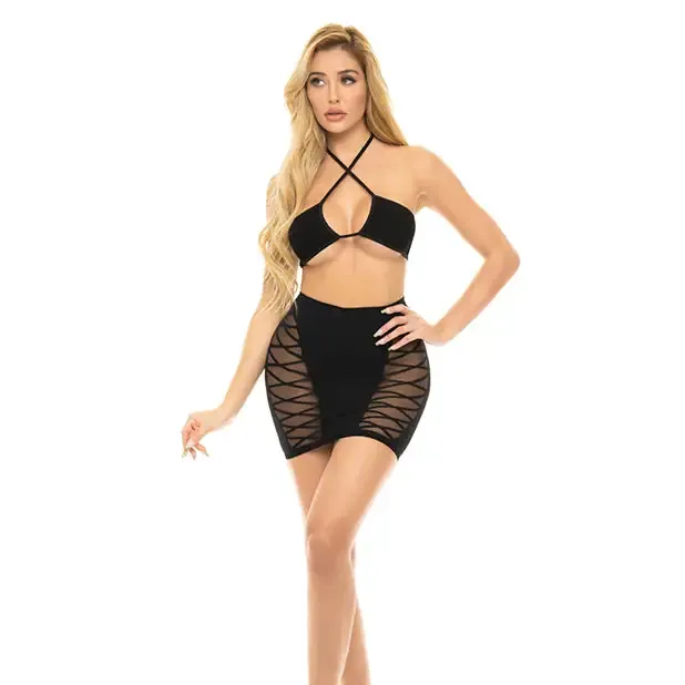 Rene Rofe Anal Pink Lipstick Hold On Tight Halter Bra Skirt Black