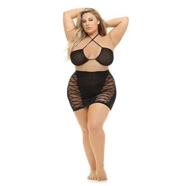 Rene Rofe Anal Pink Lipstick Hold On Tight Halter Bra Skirt Black