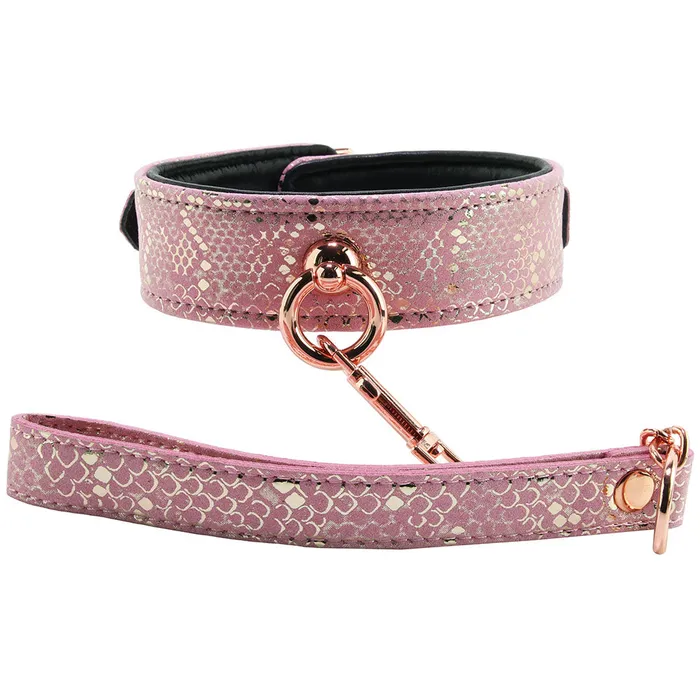 Spartacus Lockable Leather Collar and Leash in Pink Snake Print Vibrators