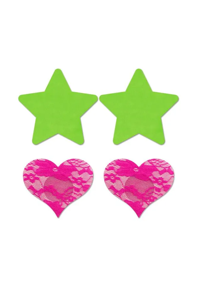 Anal Fantasy Lingerie Fantasy Lingerie Glow Neon Green Solid Star Neon Pink Lace Heart Pasties Set 2PC Anal Fantasy Lingerie Fantasy Lingerie Glow Neon Green Solid Star Neon Pink Lace Heart Pasties Set 2PC