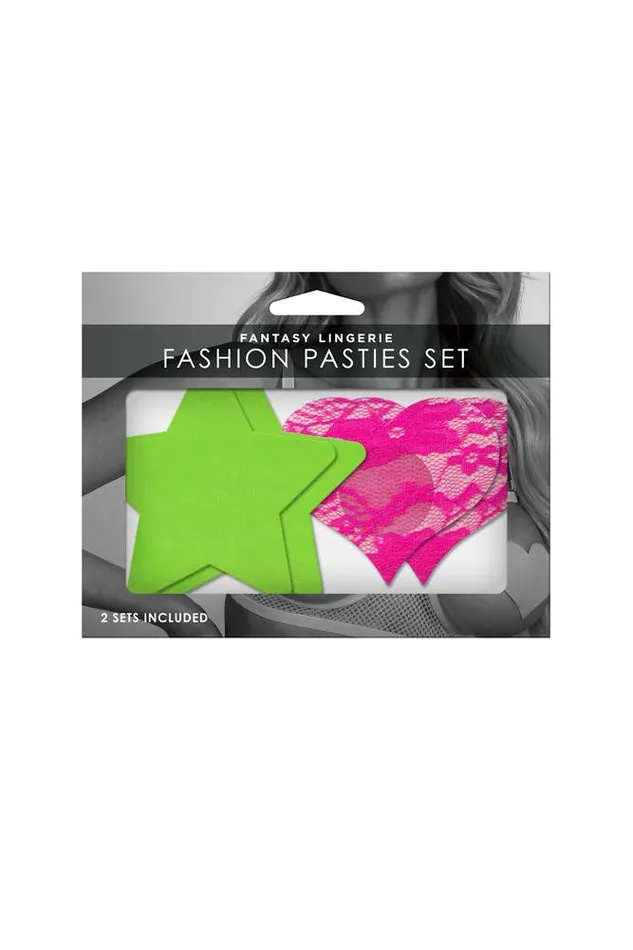 Anal Fantasy Lingerie Fantasy Lingerie Glow Neon Green Solid Star Neon Pink Lace Heart Pasties Set 2PC