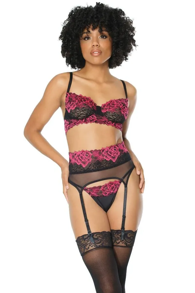 Coquette 21127 Bra Garter Belt Gstring Set BlackFuchsia Coquette Anal