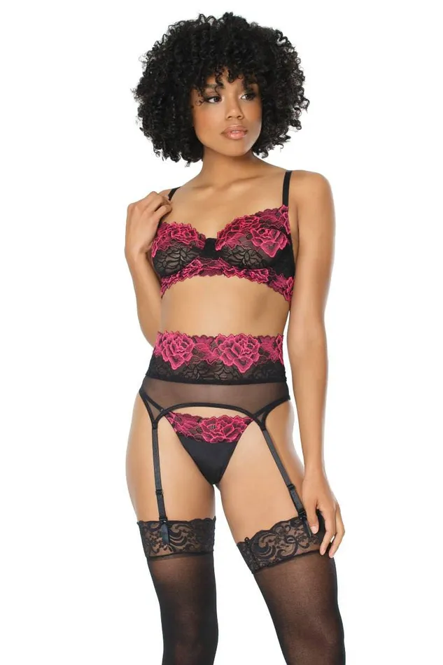 Coquette 21127 Bra Garter Belt Gstring Set BlackFuchsia Coquette Anal