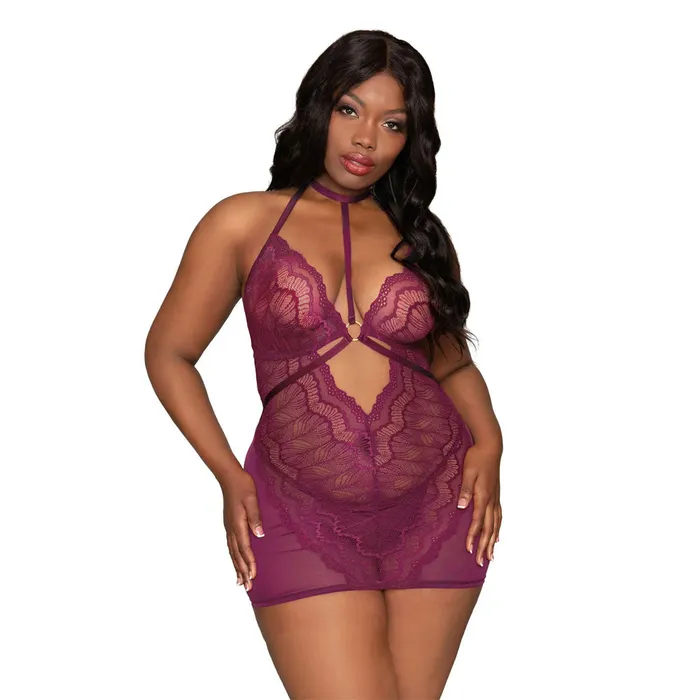 DREAMGIRL Female Sex Toys Dreamgirl Lingerie Contemporary Lace Mesh Chemise Set with Halter Neckline Mulberry 12446X DREAMGIRL Female Sex Toys Dreamgirl Lingerie Contemporary Lace Mesh Chemise Set with Halter Neckline Mulberry 12446X