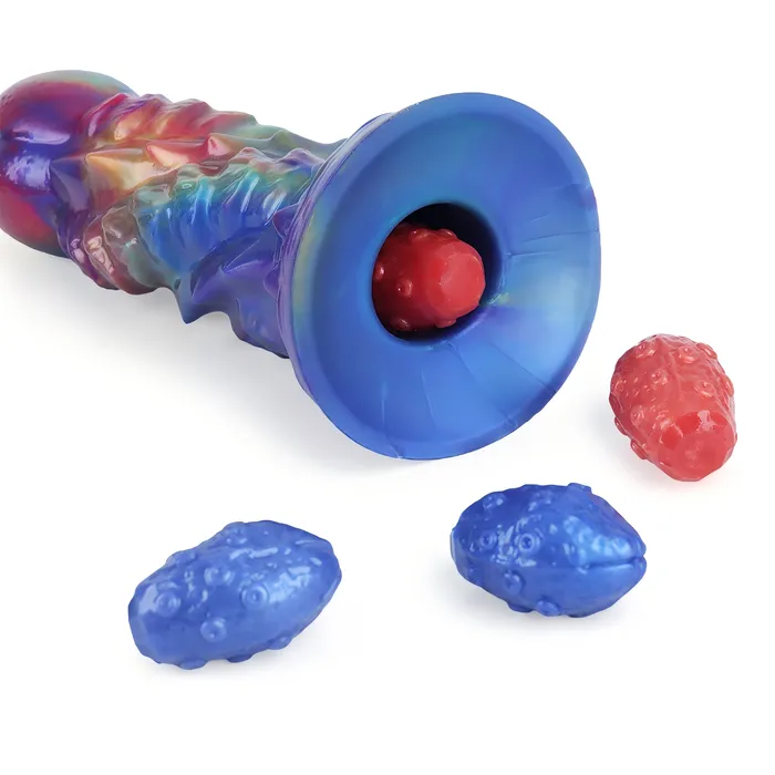 Platinum Silicone Series Anal Fantasy Impregnator Egg Laying Platinum Silicone Dildo 97 Inch Metallic Rainbow