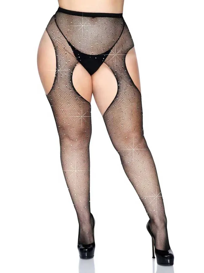 Leg Avenue Anal Casey Rhinestone Fishnet Suspender Pantyhose Queen Black