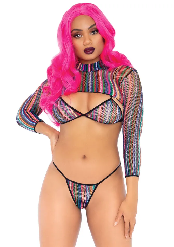 Vibrators Leg Avenue 3 Pc Fishnet Bikini GString and Crop Top One Size Multicolor